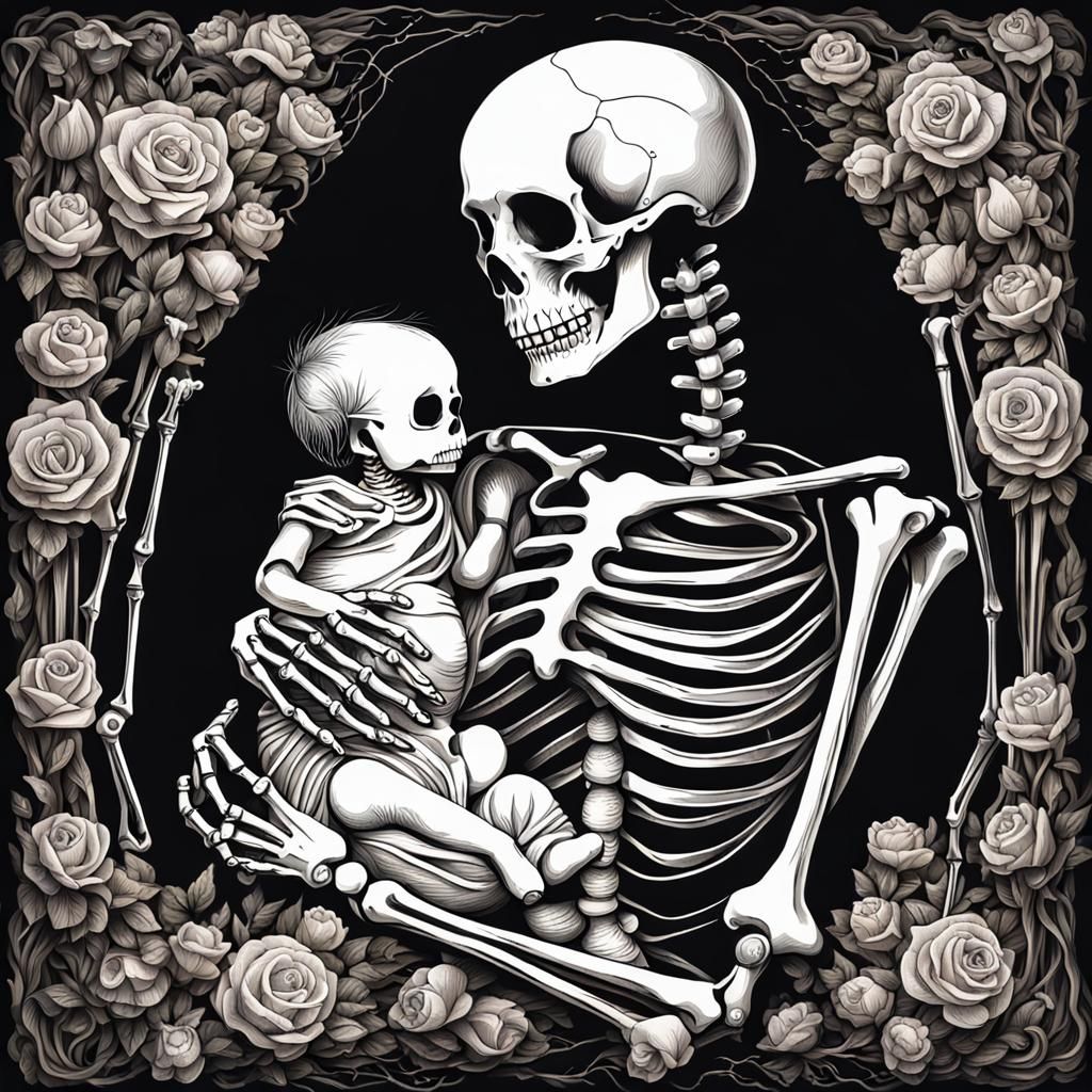 Skeleton woman breastfeeding a newborn baby sad death love