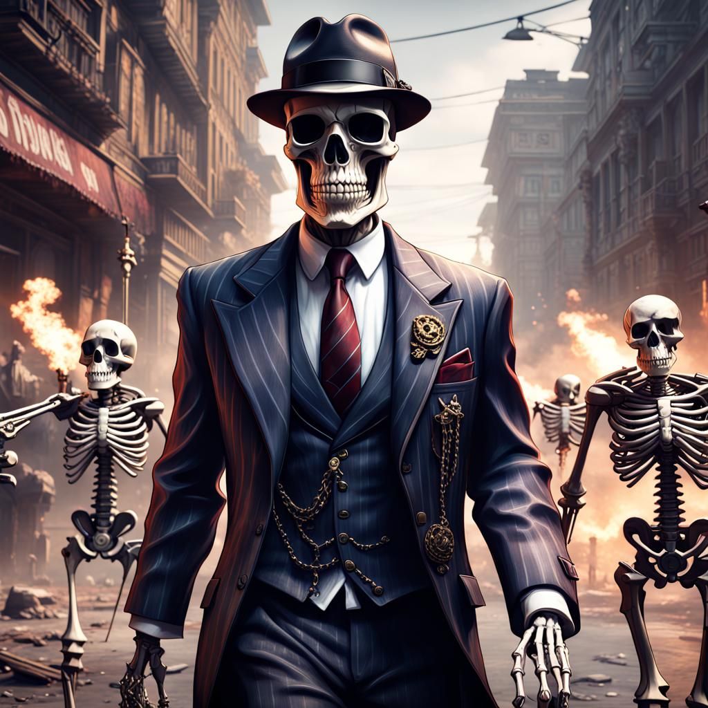 Skeleton Mafia Boss with Guns in Detailed Matte Painting