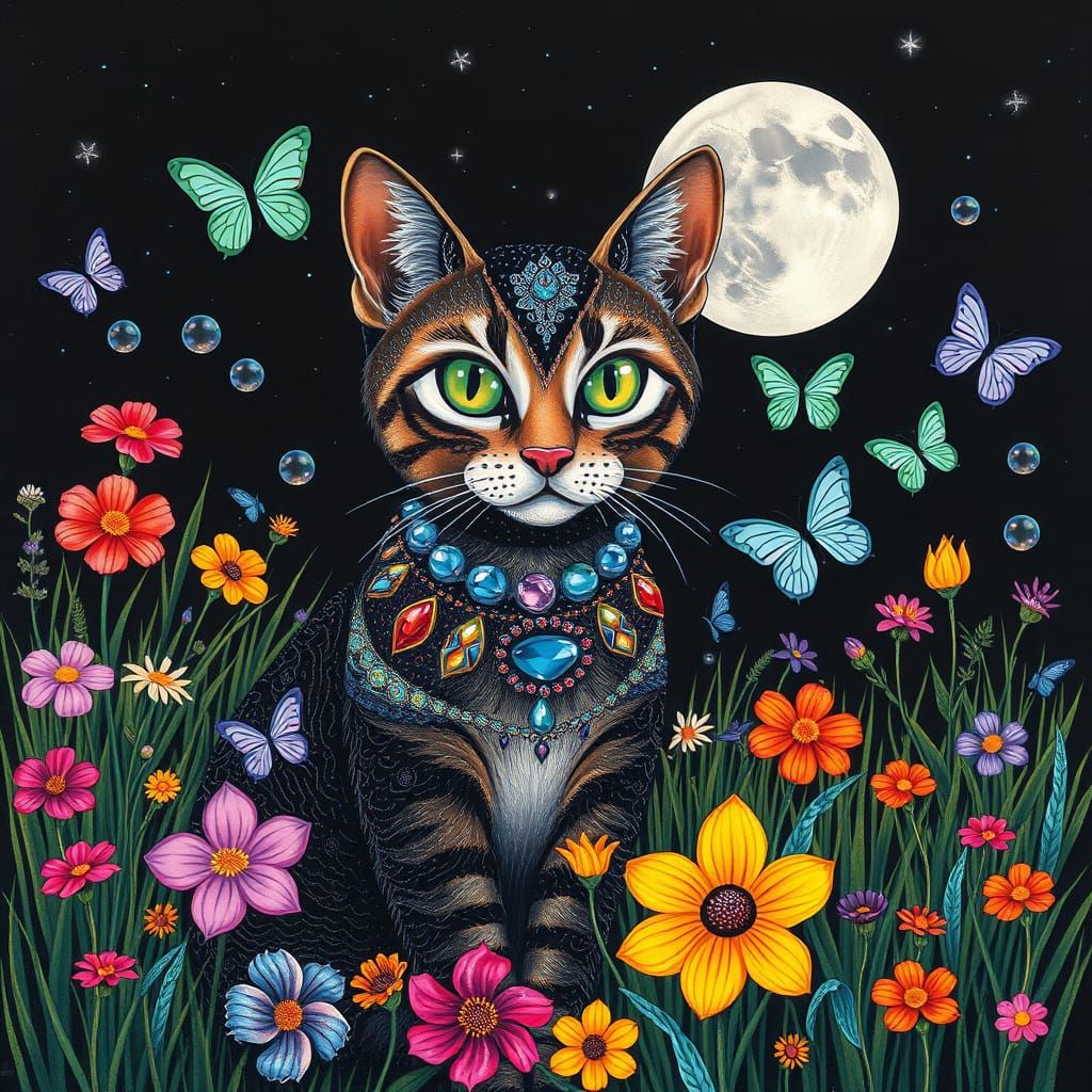Whimsical Cat in a Dreamlike Meadow Scene
