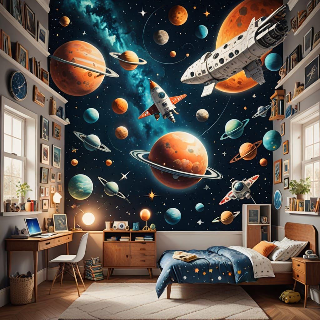 Child's bedroom wall covered with space adventures