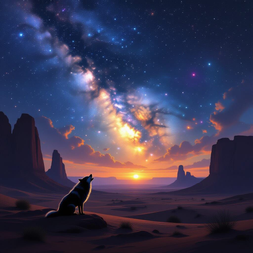Lone Wolf Howling at Nebula in Desert Landscape
