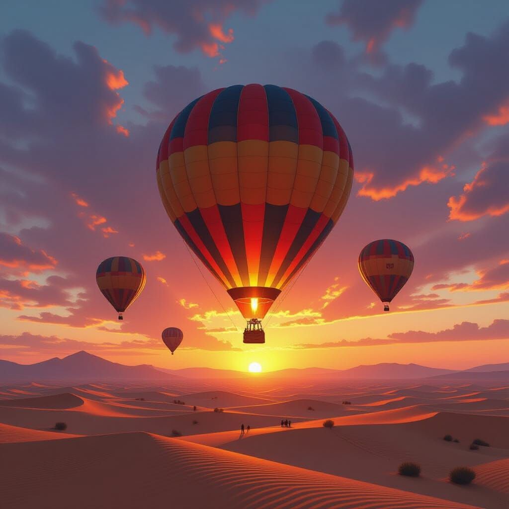 Hot Air Balloons Soar Over Desert Sunrise
