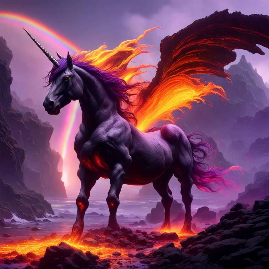 Dark Unicorn in Lava Landscape: Fantasy Concept Art