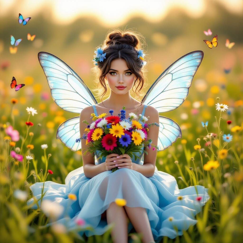 whimsical hyper realistic fairy dressed in blue sits in a fl...