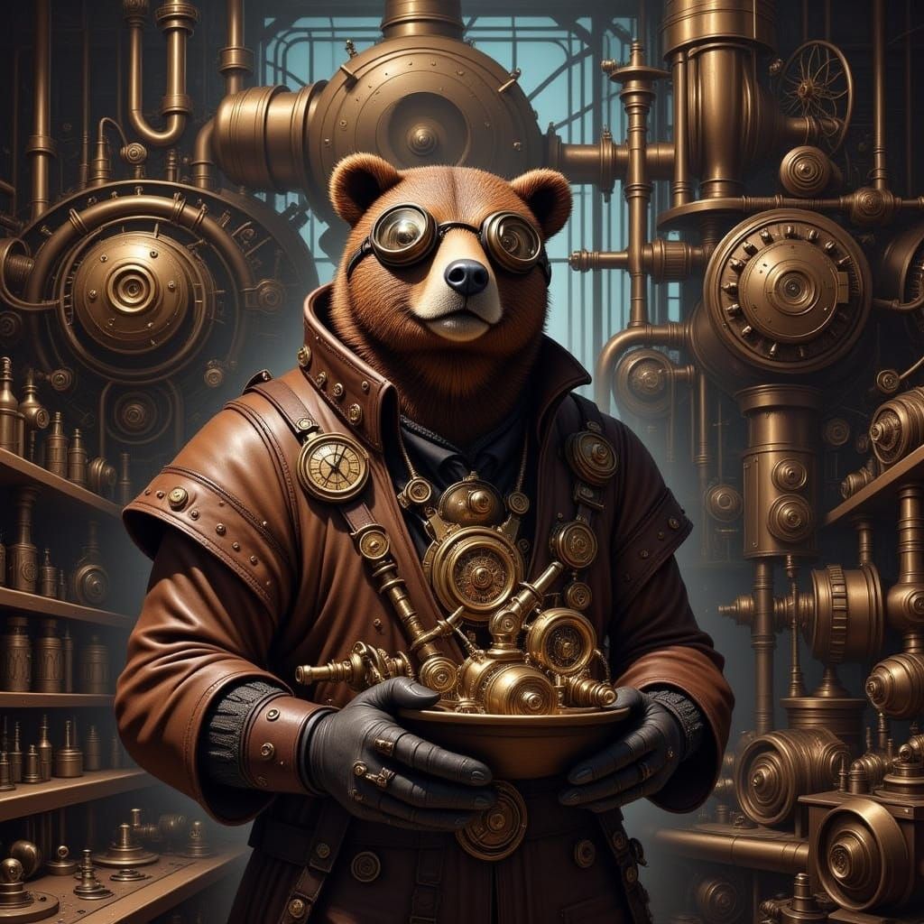 Steampunk Bear Tinkerer in Dimly Lit Workshop