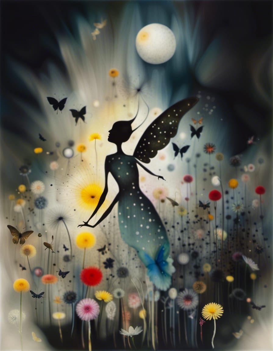 Fairies in Dandelion Dreamscape, Brooding Grayscale Abstract