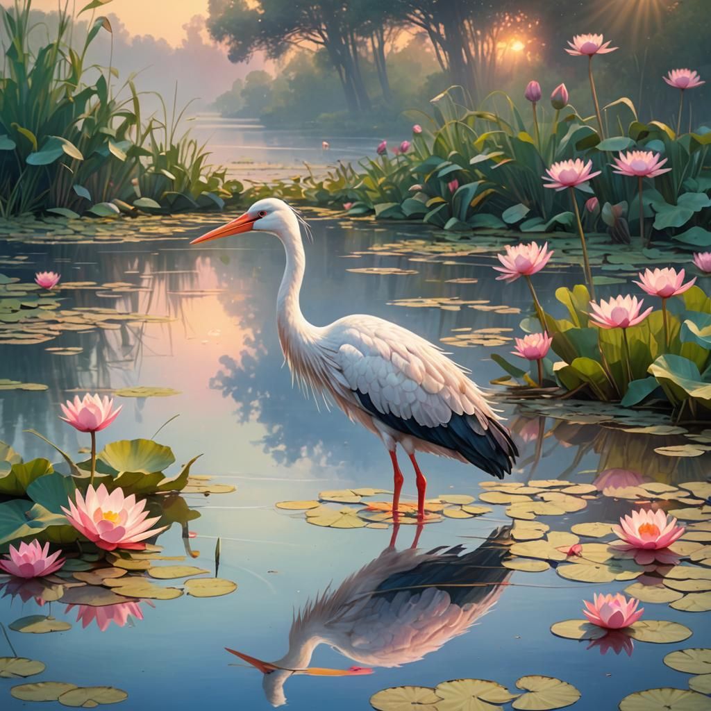 Stork with Clogs at Misty Lake, Pixar Style