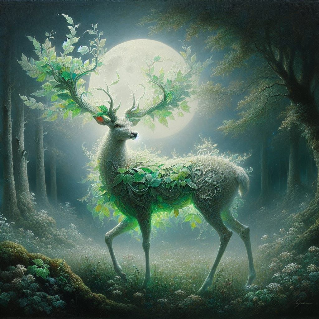 Mystical Deer in Moonlit Meadow: Oil Painting
