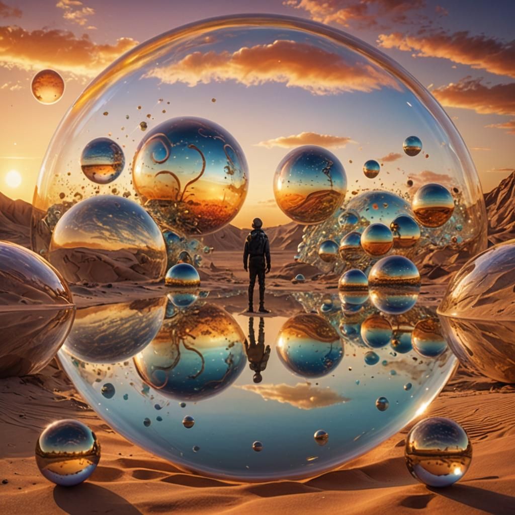 Surreal Spheres Reflecting Alien Worlds at Sunset