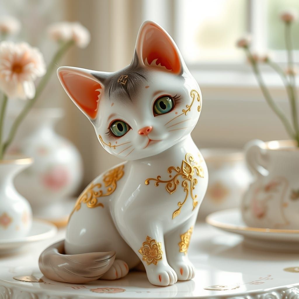 Whimsical Porcelain Cat in Elegant 19th-Century Style