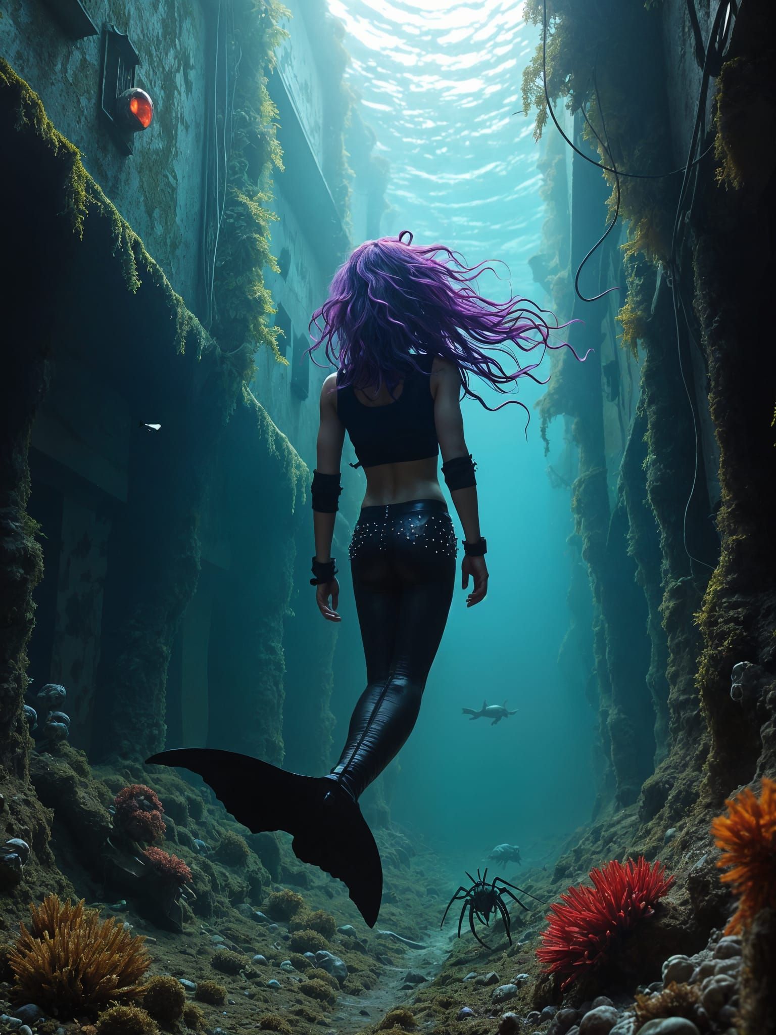 Mysterious Sci-Fi Mermaid Witch Amidst Sunken Wreckage