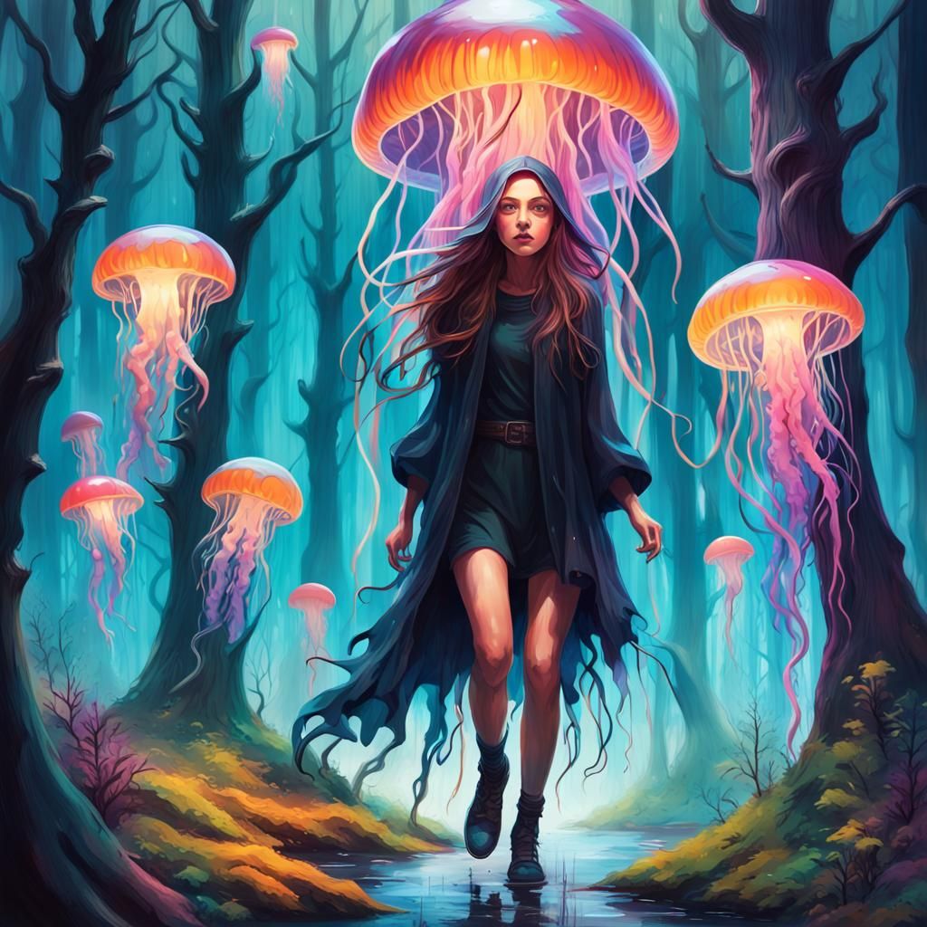 Enchanted Witch in Jellyfish Forest: Graffiti Art