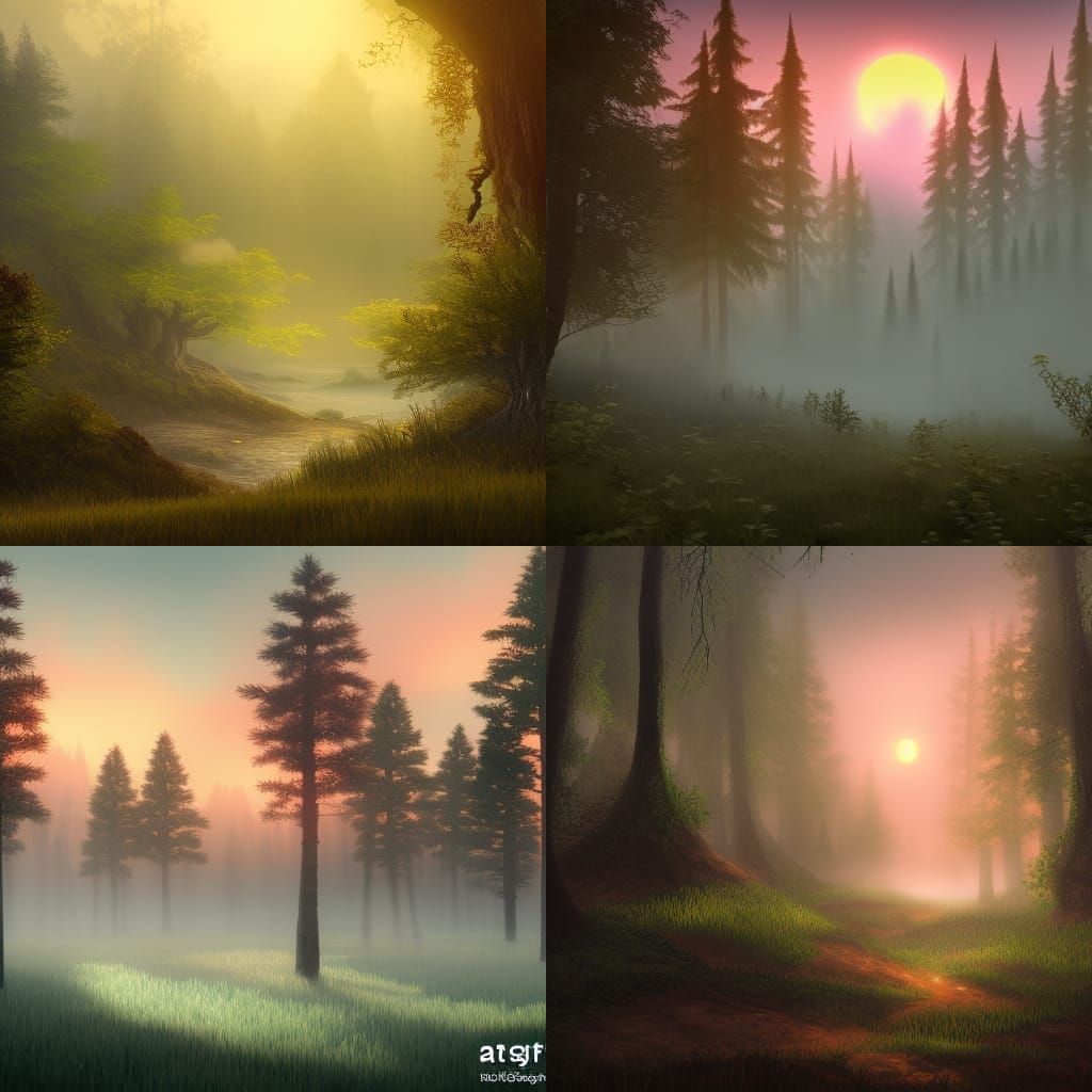 Misty Sage Green Forest at Sunset