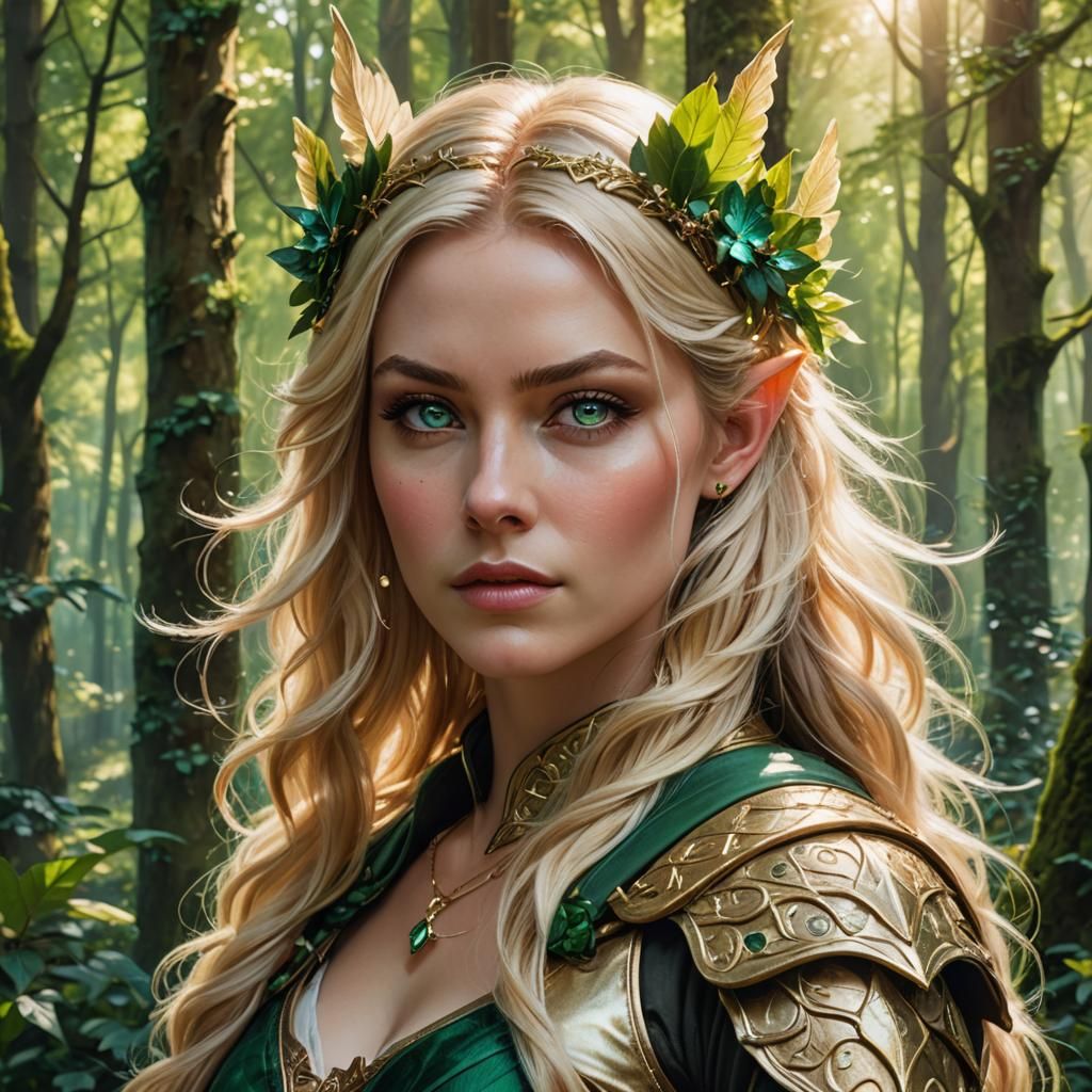 Blonde Fairy Warrior in Spring Forest Portrait