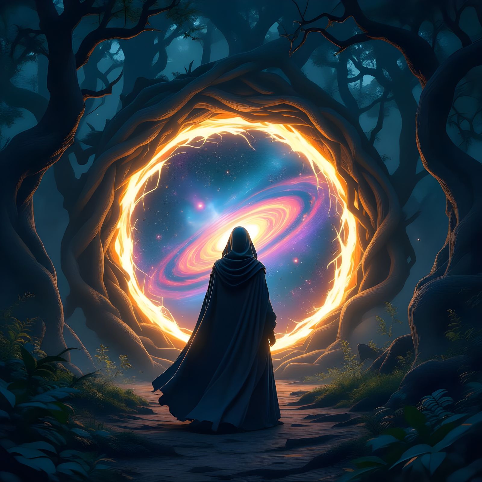 Enchanted Forest Portal to Galaxy in Cinematic Style