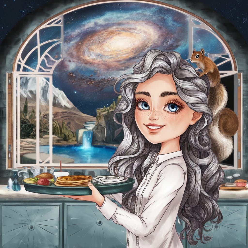 Girl in Kitchen with Astral Background, Mixed Media
