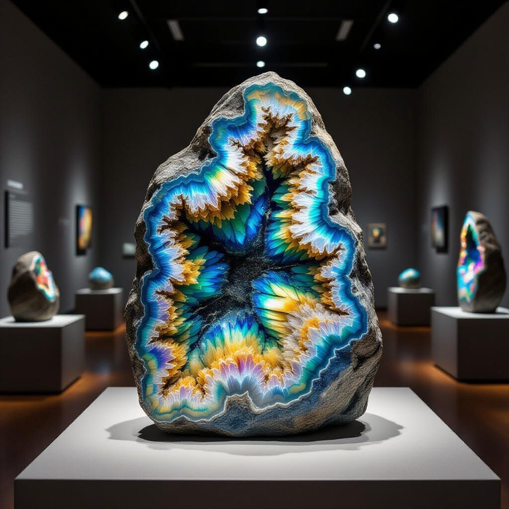 Iridescent Labradorite Geode in Museum Lighting