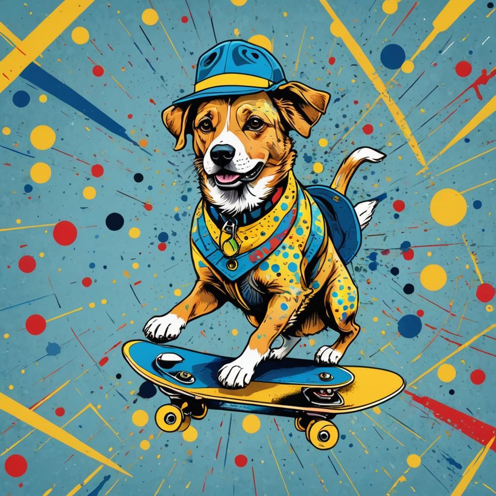 Pop Art Dog on Skateboard in Screen Print Style