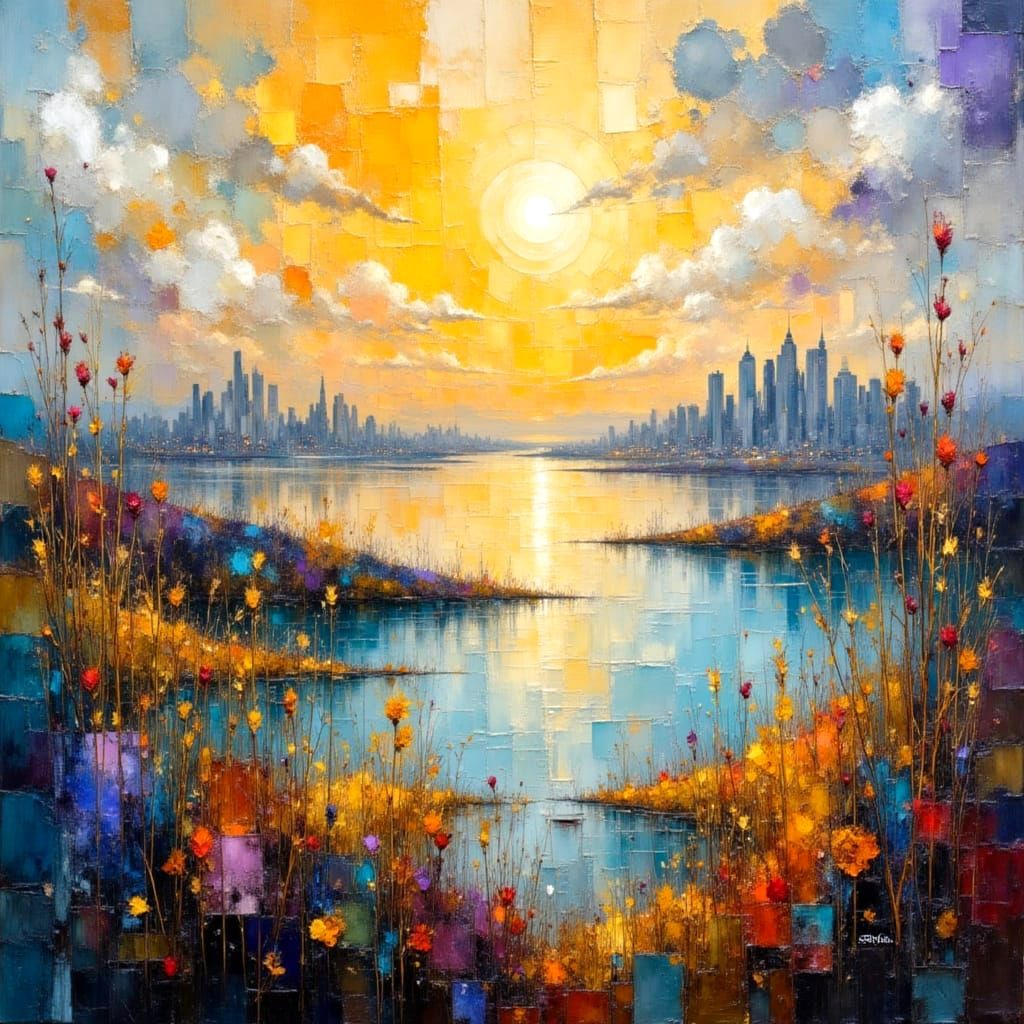 Vibrant Lakeside Landscape with Rainbow and Moon Glow