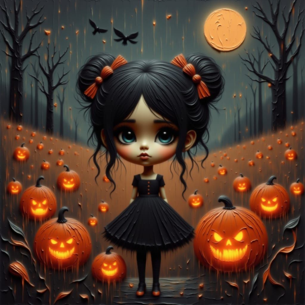 Child Halloween Figure Among Glowing Pumpkins