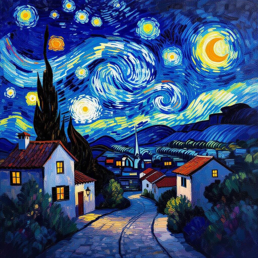 Impressionist Village Night Sky Oil Painting