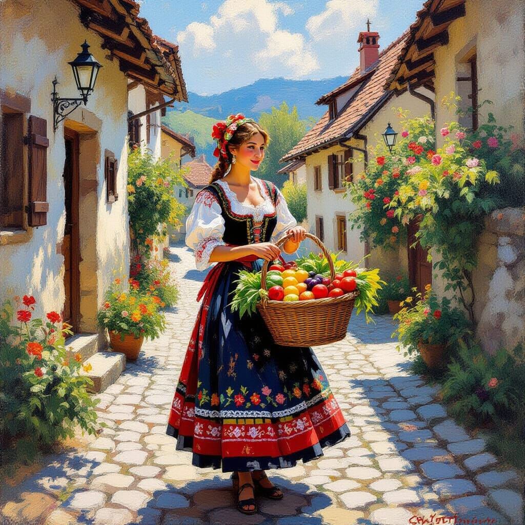 Slovak Woman in Folk Costume on European Cobblestone Street