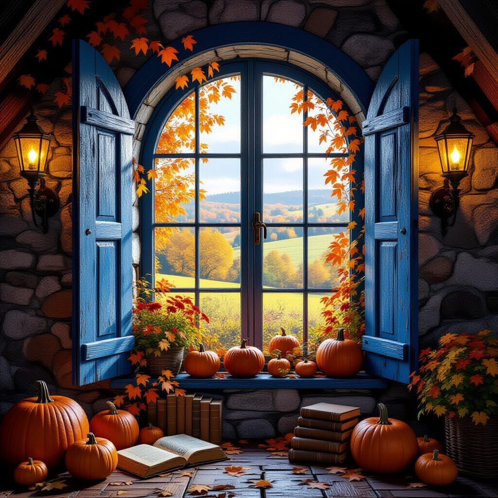 View of a cozy autumn landscape through a charming wooden bl...