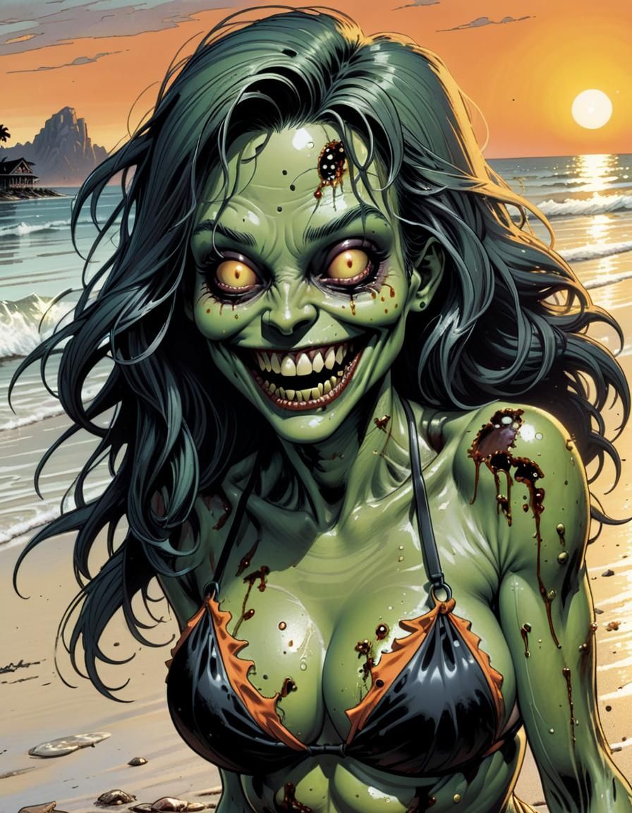 Zombie Girl on Beach, Horror Comic Art