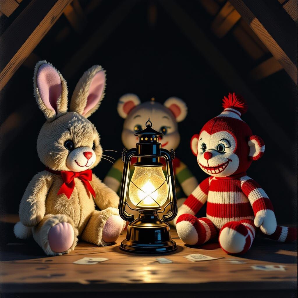 Vintage Stuffed Animals Gather Around Oil Lamp