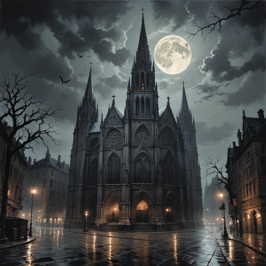 Gloomy Gothic Cathedral in Moonlit Night