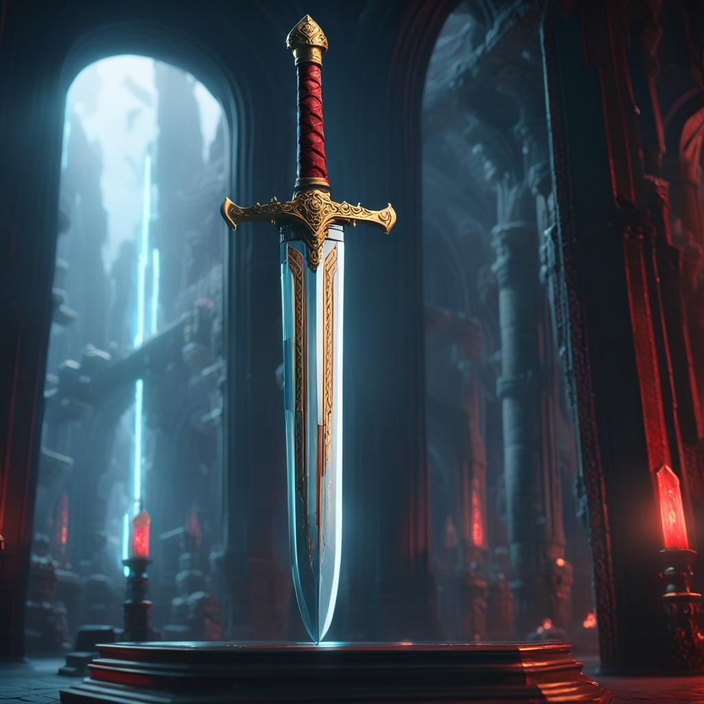 Glowing Red Sword in Glass Case: Digital Painting