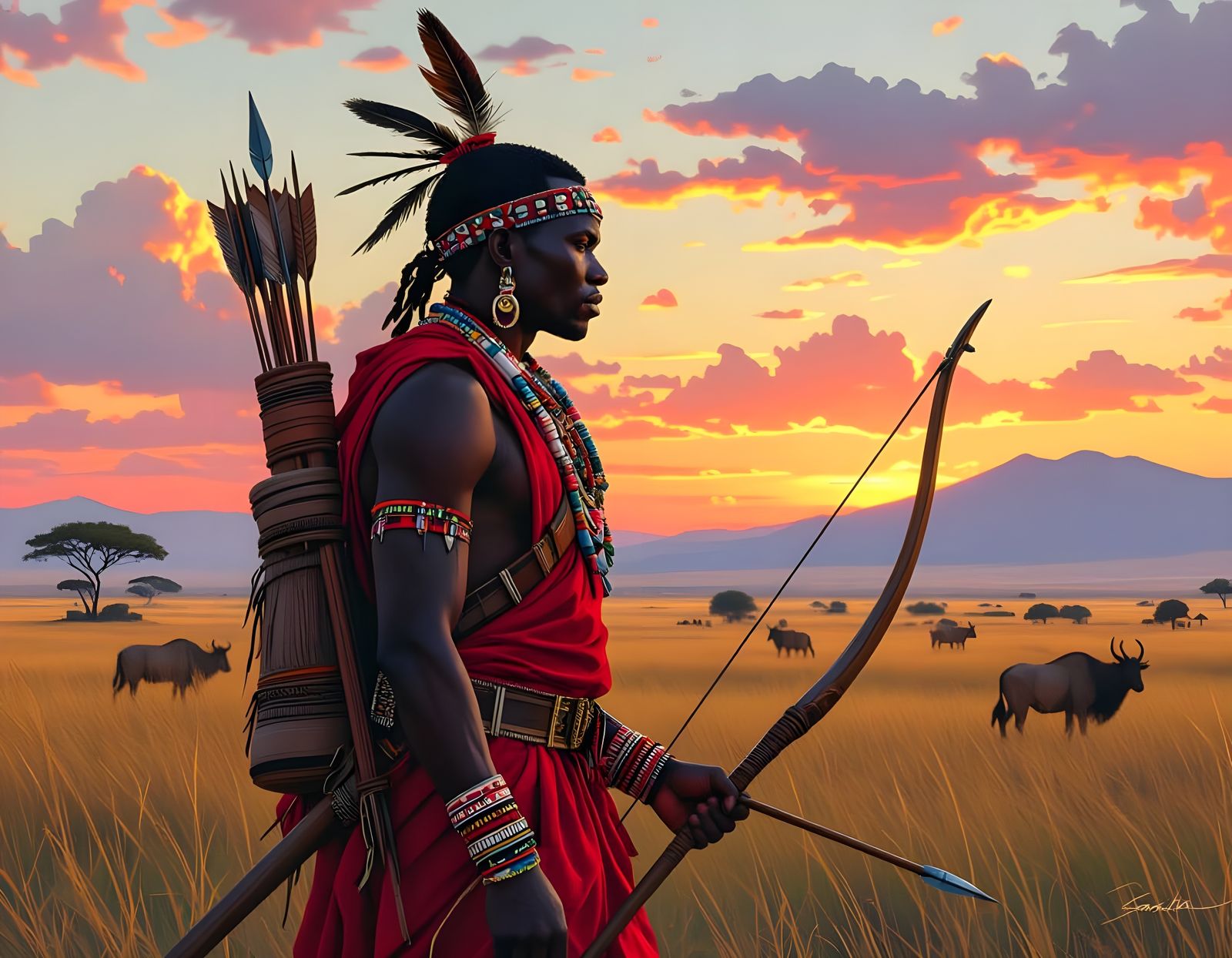 African Tribal Hunter at Sunset