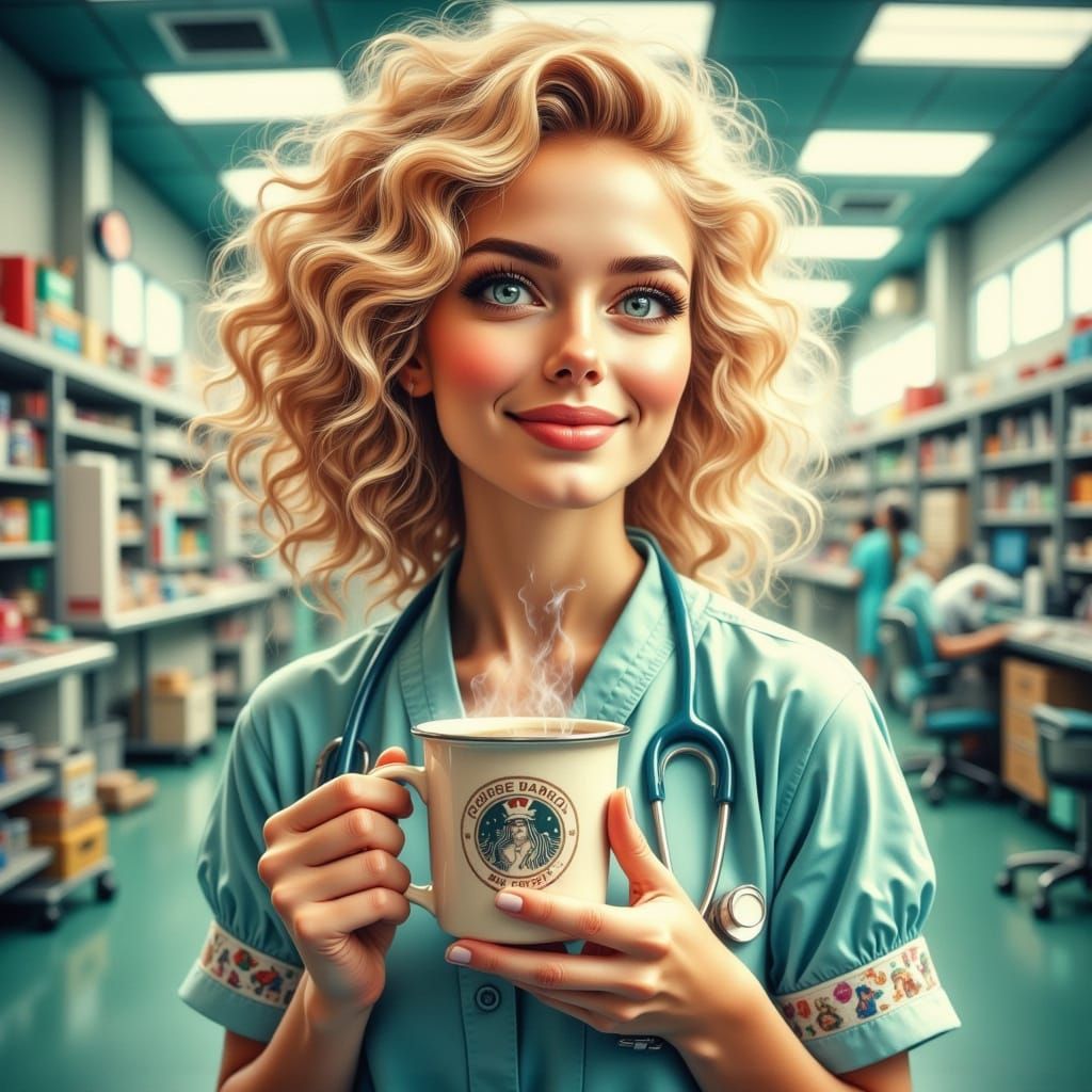 Gentle Nurse with Vibrant Coffee in Whimsical Hospital Scene