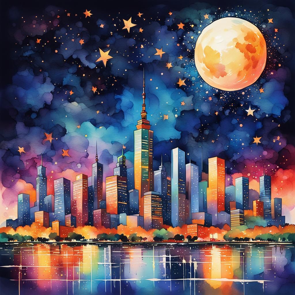 Warsaw Cityscape at Night in Watercolour Style