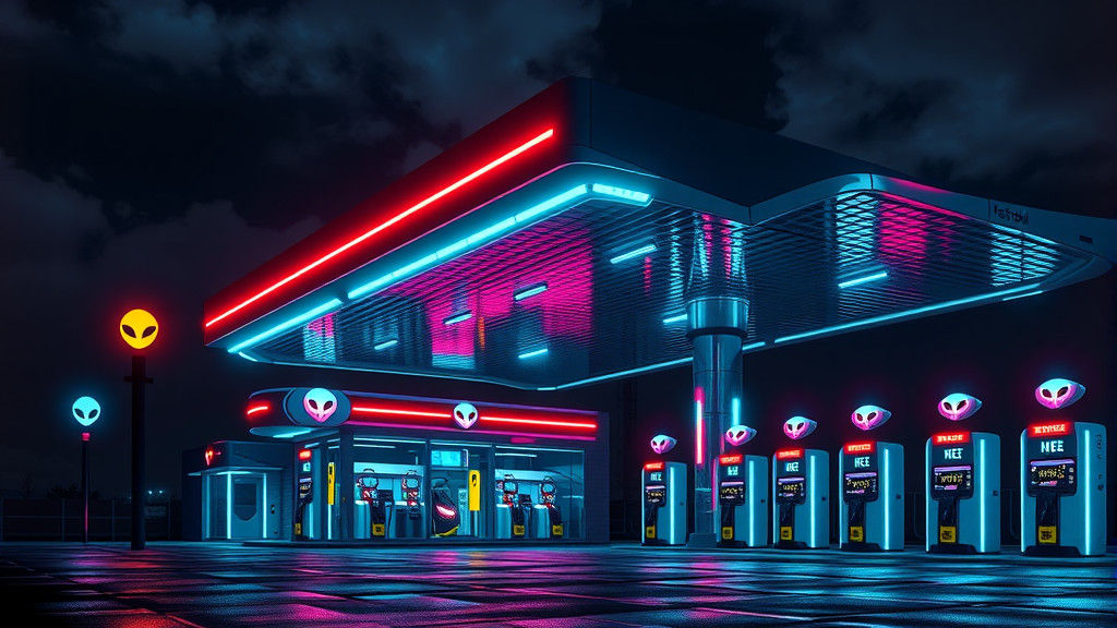 Futuristic Petrol Station with Neon Alien Symbols