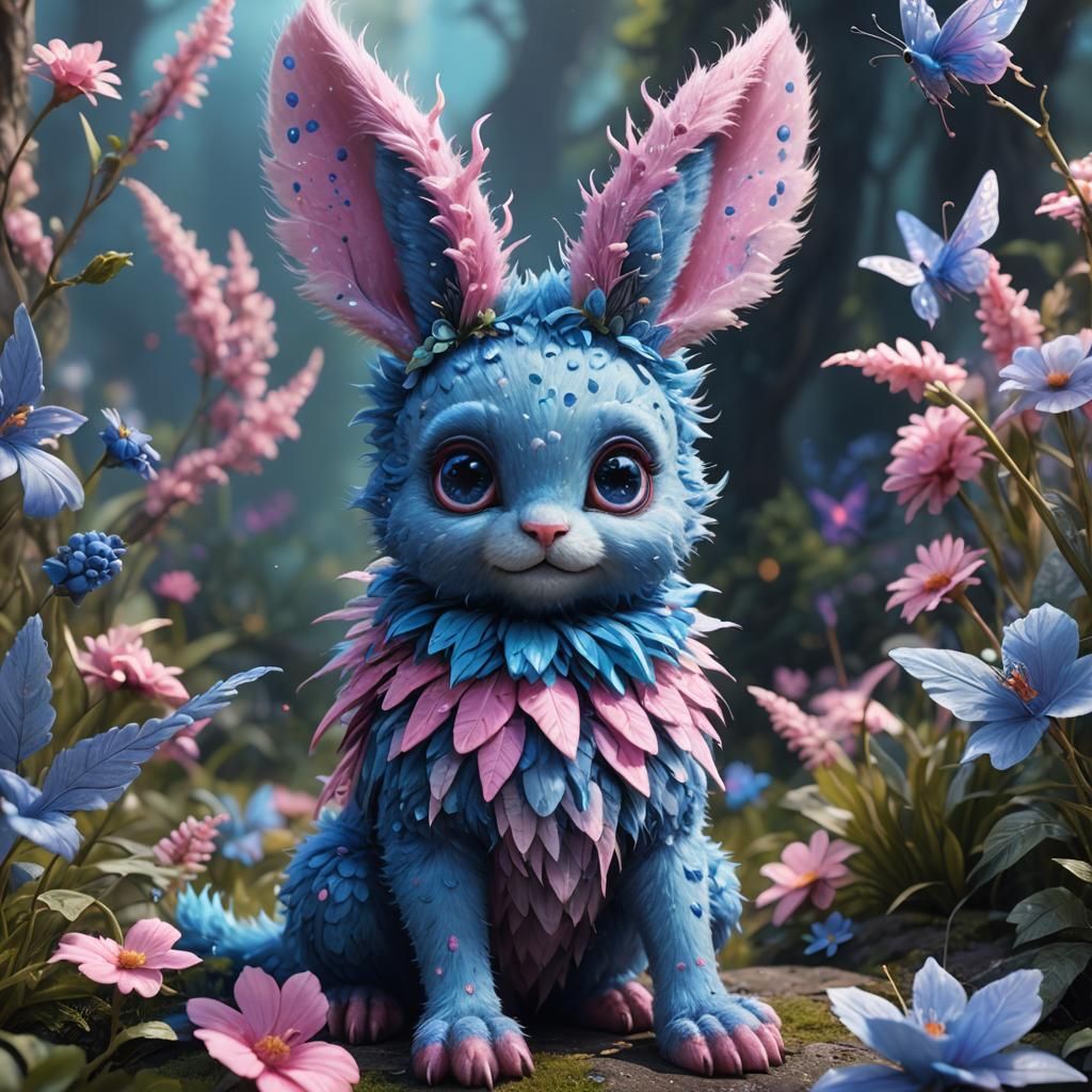 Fuzzy Blue Creature with Fairy Wings, Digital Art