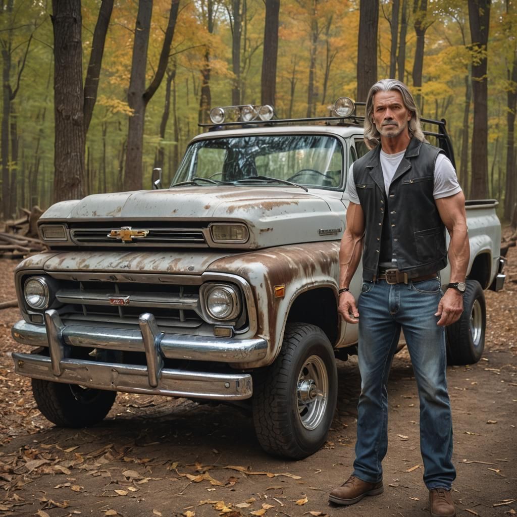 Hyperrealistic Man and Truck Outside Cabin