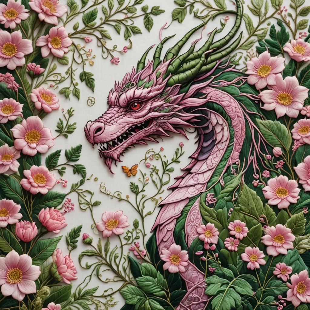 Botanical Dragon in Embroidered Floral Border