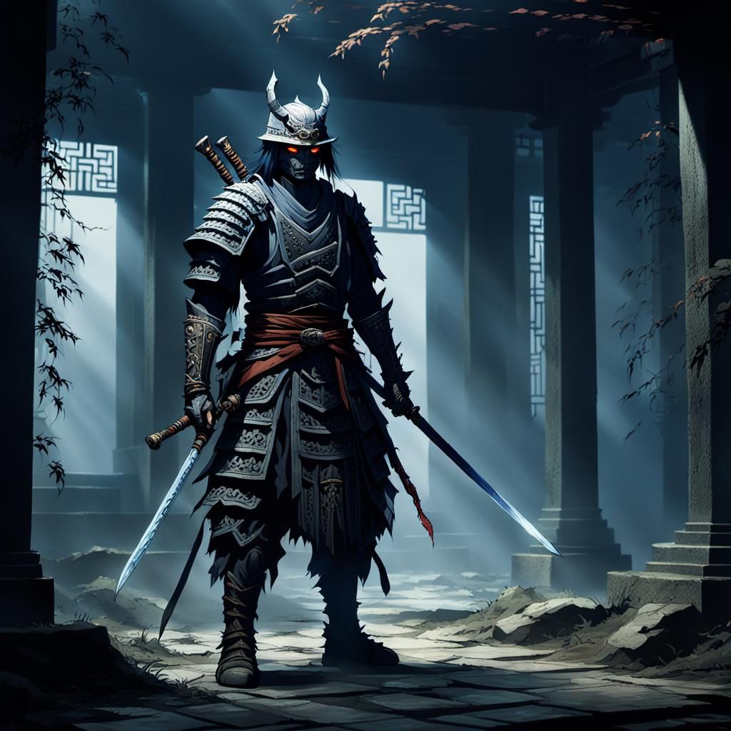 Undead Samurai in Misty Temple: Dark Fantasy Anime Art