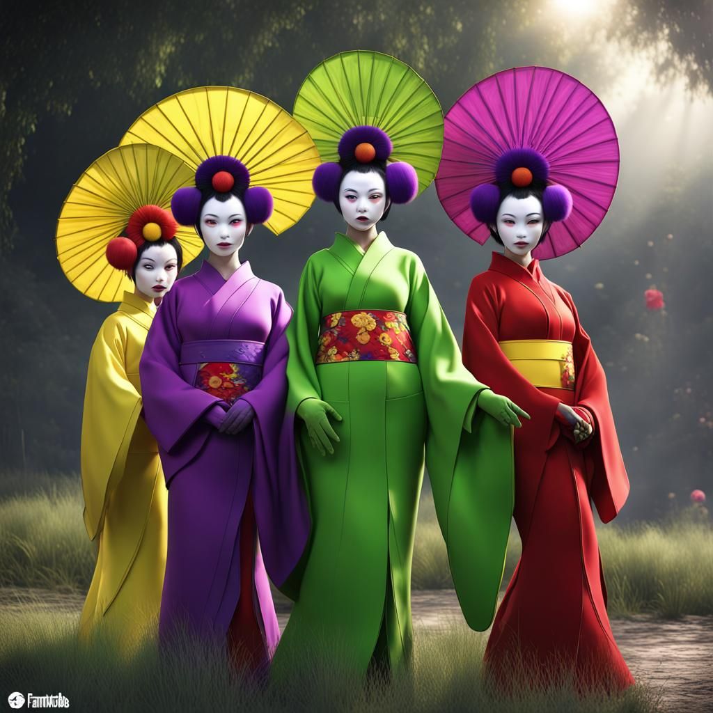 Geisha Teletubbies: Detailed Fantasy Concept Art