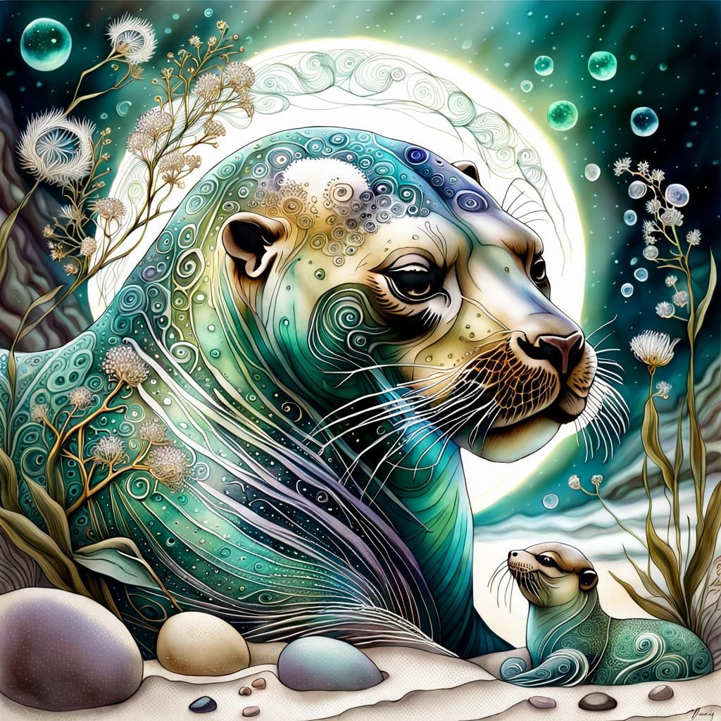 Mythical Sea Lion Family Portrait in Watercolor
