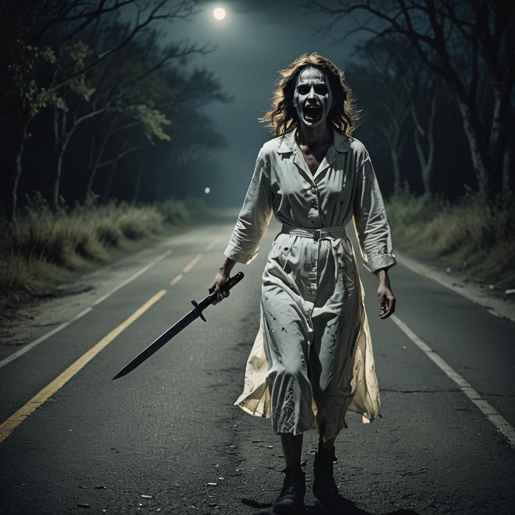 Macabre Woman Walks Haunted Road at Night