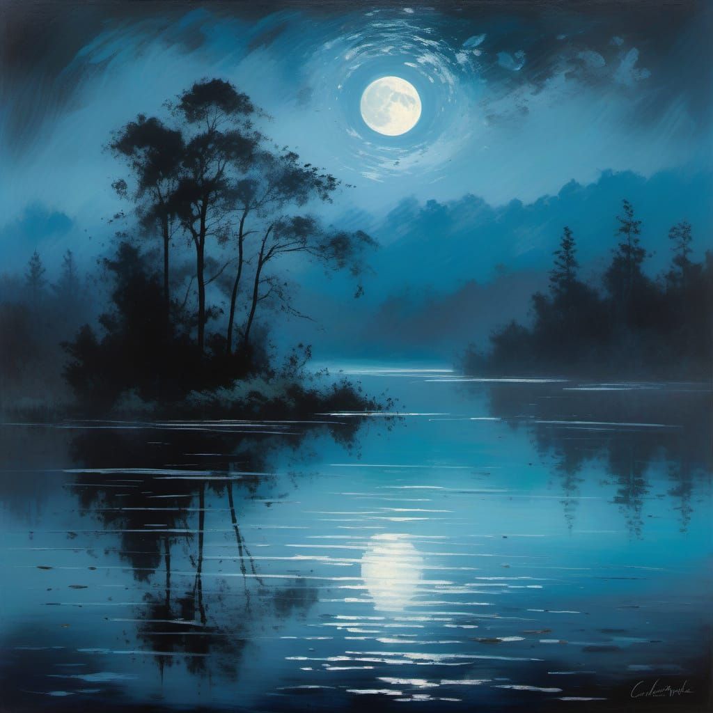 Haunting Impressionist Moonlit Lake Scene