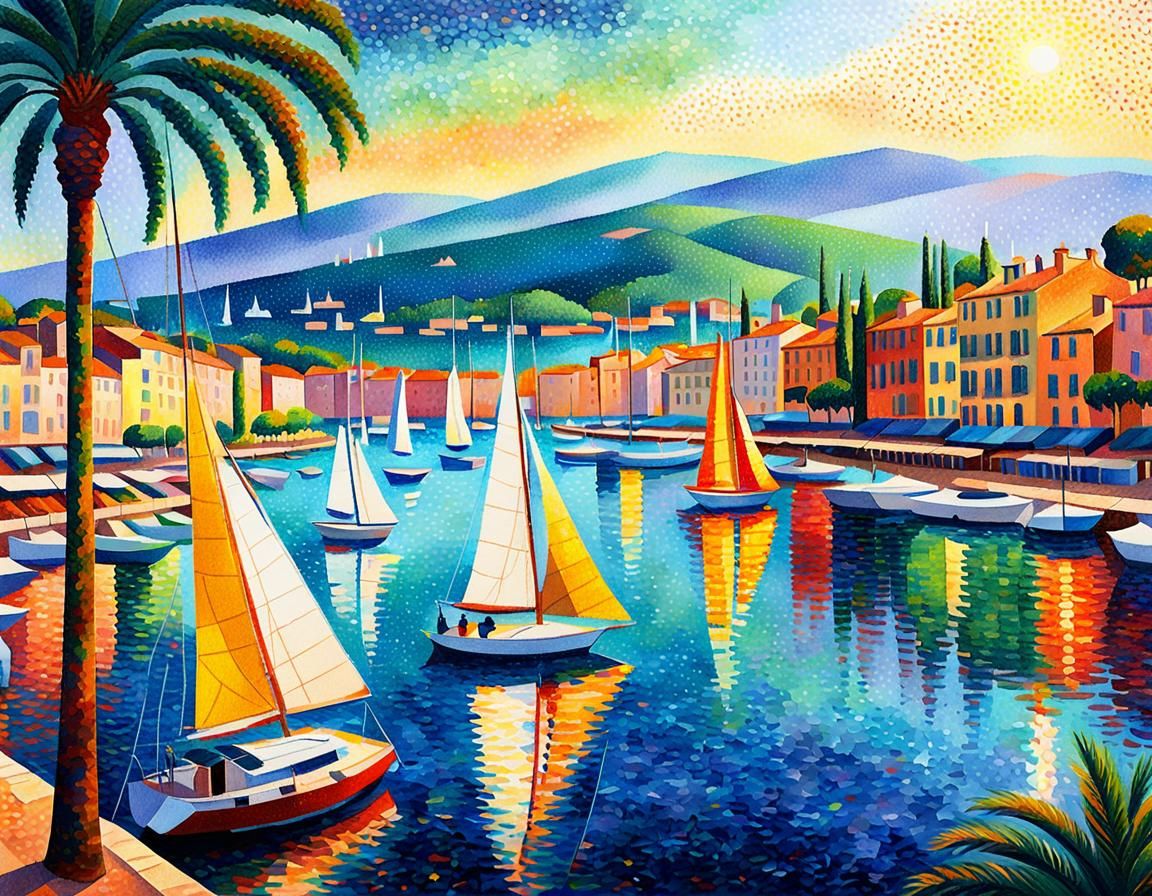 Saint-Tropez Harbor: Pointillist Sailboats in Warm Sunlight