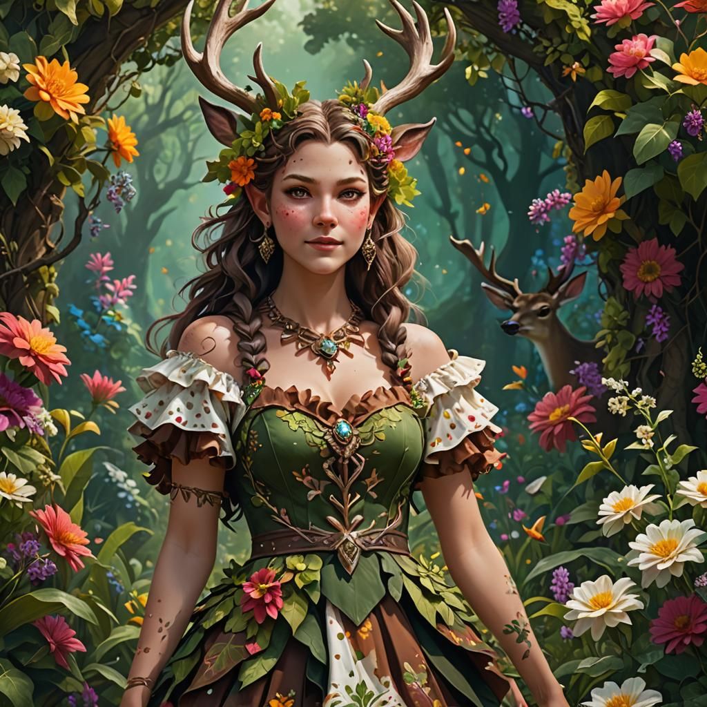 Female Satyr in Floral Paradise: Fantasy Art
