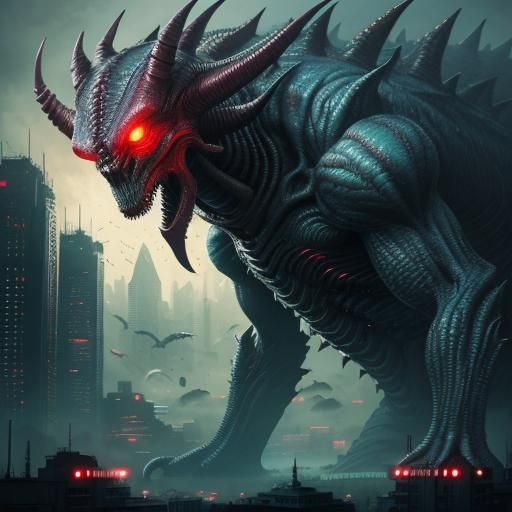 Giant Alien Kaiju Destroys Neon Cityscape