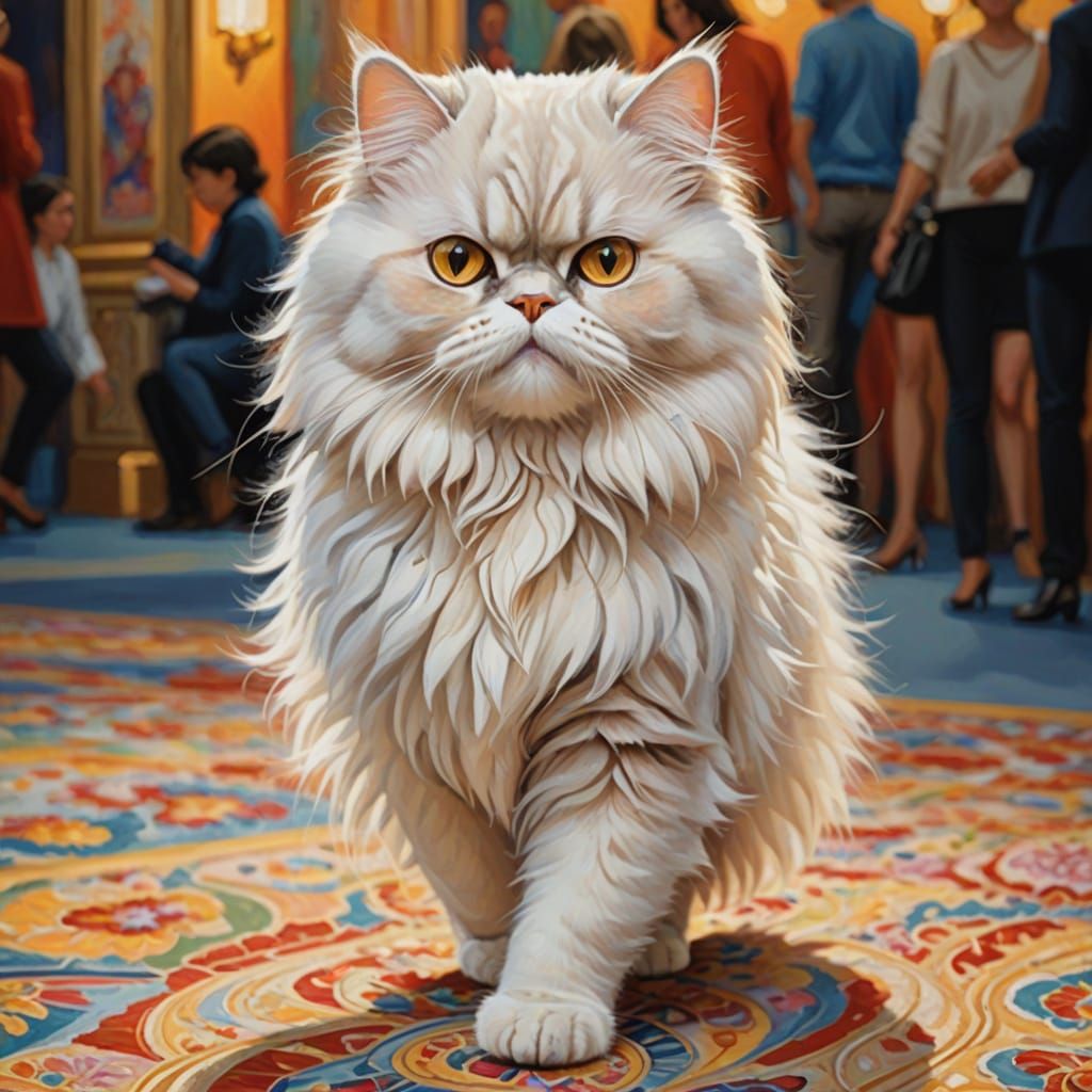 Whimsical White-haired Persian Cat Struts Down the Catwalk