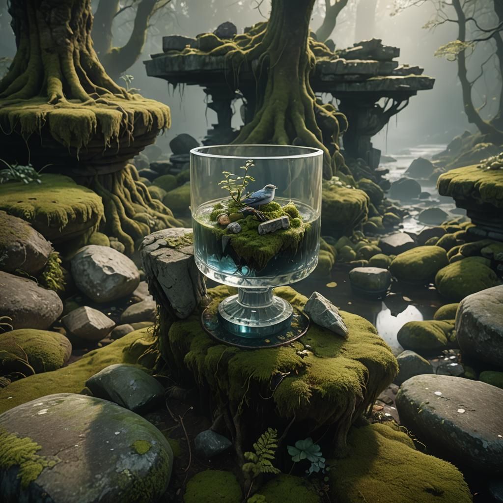 Ethereal Glass of Water on Stone Pedestal