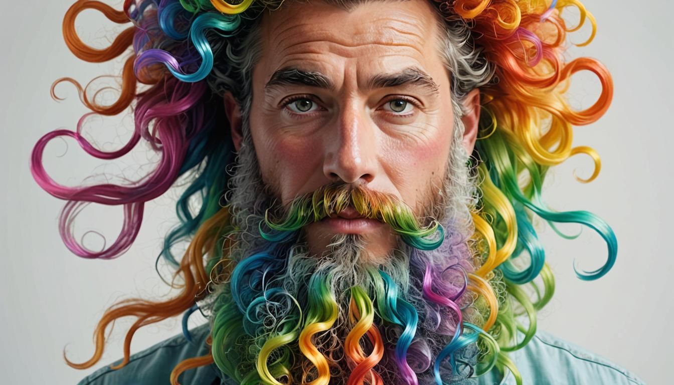 Rainbow Beard Man in Whimsical Digital Art