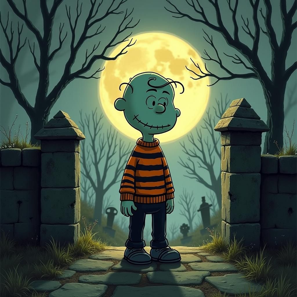 Halloween Monster at Graveyard Entrance in Cartoon Style